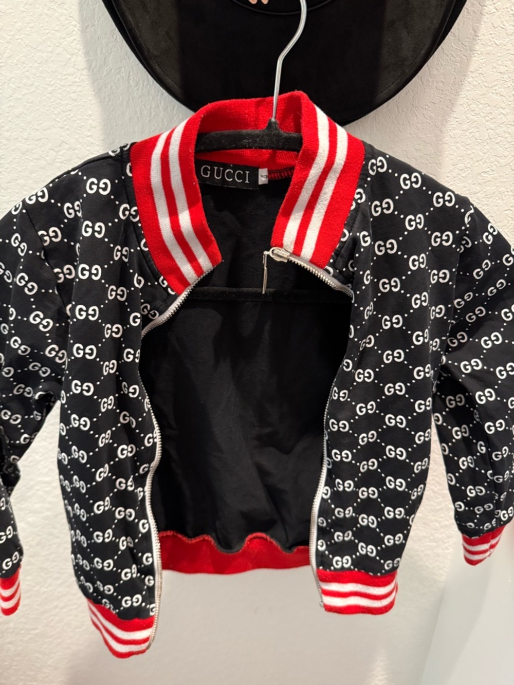 Gucci Black GG Monogram Bomber Jacket with Red & White Striped Trim